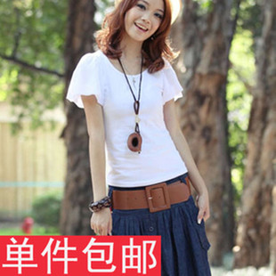 夏季女装白色短袖t恤女韩版雪纺袖，拼接小衫纯棉修身体恤飞袖潮流