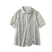 女装夏装出口日本田园风格，复古圆点短袖，衬衣衬衫浅灰白色