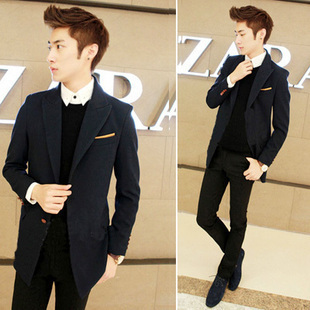  春装新品时尚休闲西装中长款男装外套修身男士西服韩版西装外套男