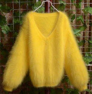 女式大V领灯笼袖长毛貂绒衫黄色打底衫针织衫小款外套羊毛衫