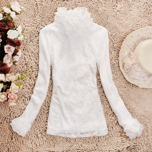  秋新韩版女装双层蕾丝花边领高领长袖雪纺打底衫上衣 白色 623