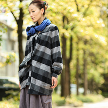 INMAN茵曼正品2010秋大码休闲女装宽松全棉格子衬衫长袖长款B8977