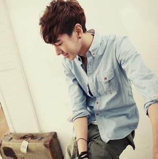 男士牛仔长袖衬衣...