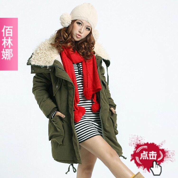 2012新款春装韩版秋冬女装中长款军绿色工装羊羔绒棉服外套特大码