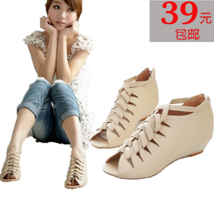  包邮 新款镂空罗马鞋中跟平底坡跟鱼嘴鞋欧美女式凉鞋子