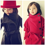女童秋冬装童装红色新年毛呢立领加棉风衣大衣，外套小中大童母女装
