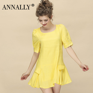 ANNALLY夏季气质优雅修身显瘦黄色甜美花苞袖荷叶边连衣裙女Z