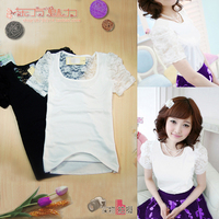 韩版夏装纯色女生蕾丝短袖，泡泡袖修身黑色，白色t恤女装上衣打底衫