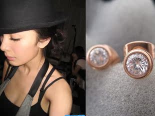  李多海杨幂同款 韩版耳环玫瑰金单钻钻石耳钉饰品 钛钢镀14K金女