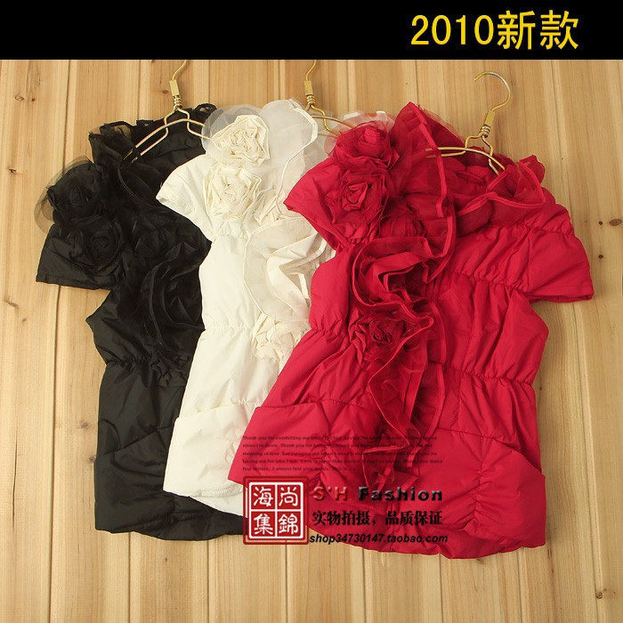特价！欧美2010秋 新款唯美立体花朵短袖棉质薄款短袖<span class=H>棉衣</span>171-45