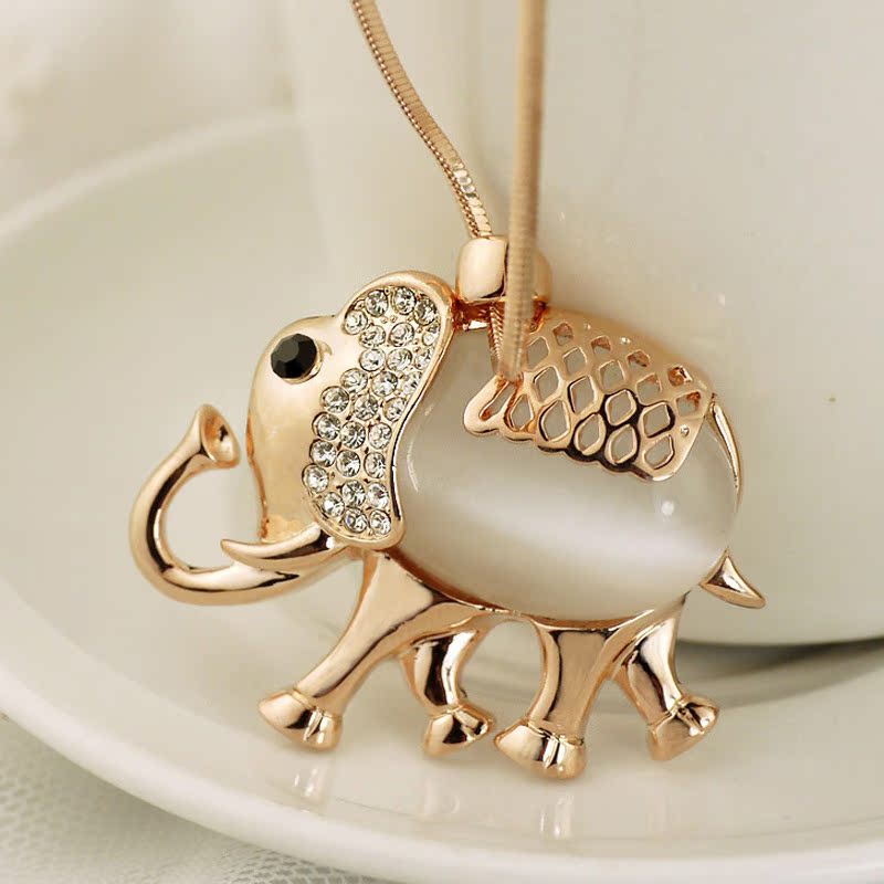 猫眼石小象毛衣链长款...