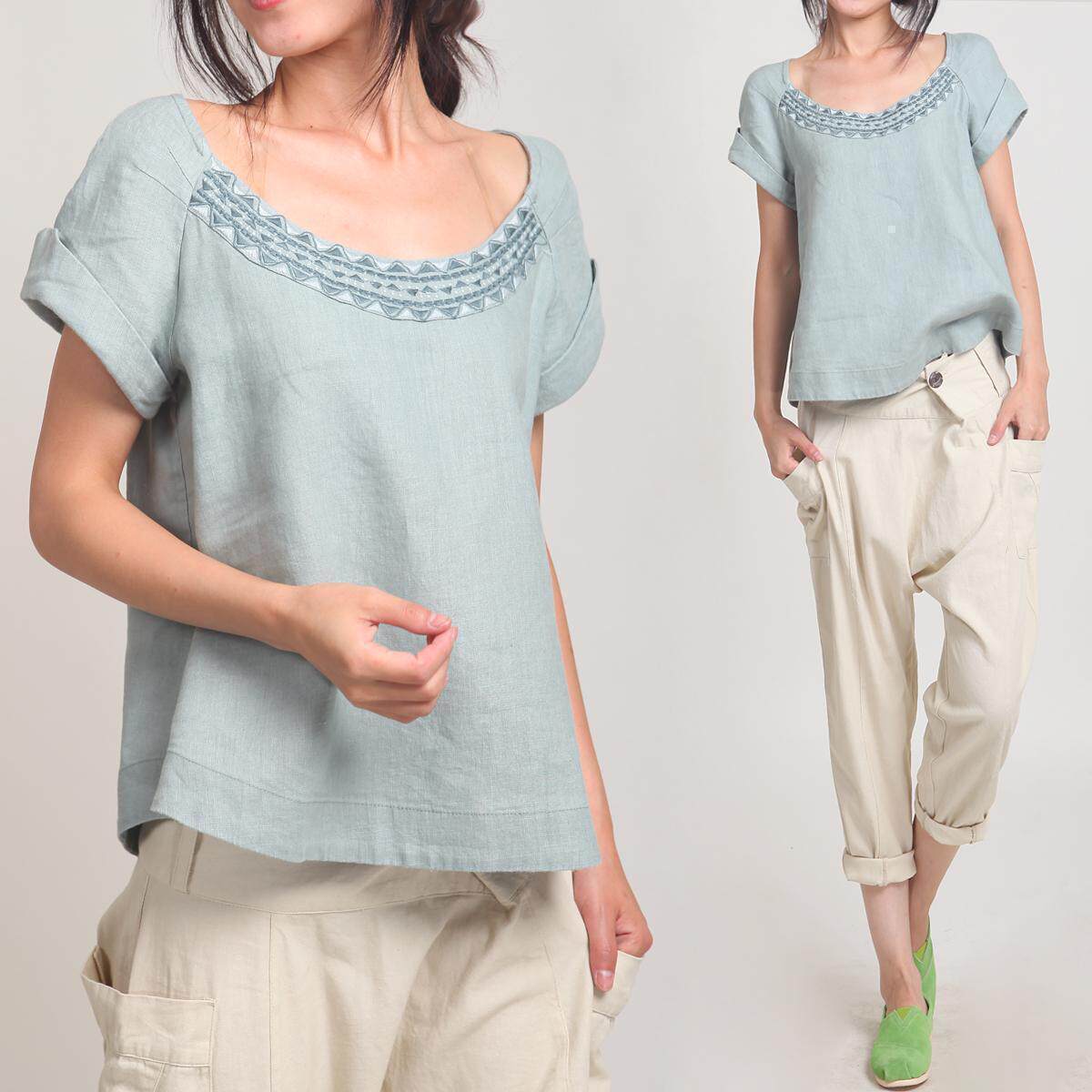 [麻利布7月01日夏季新品]亚麻刺绣圆领休闲T恤09805豆绿