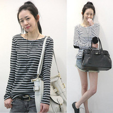 <span class=H>韩国</span><span class=H>代购</span>!2012女装新款春装纯棉修身显瘦打底衫黑白条纹<span class=H>长袖</span>T恤