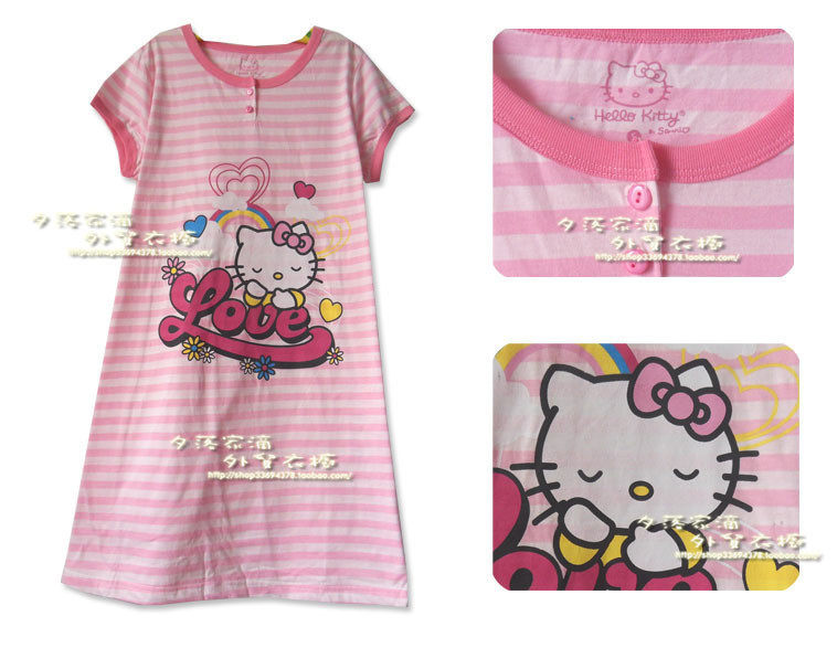 外贸日单 粉白条彩虹 Hello Kitty 舒爽全棉短袖睡裙 RD3532