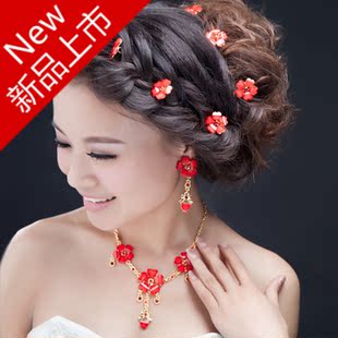  红色新娘结婚头饰项链耳环三件套发型配饰簪子敬酒旗袍礼服首饰品