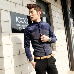  韩版冬装上衣男衬衣灯芯绒毛线拼接 修身韩版衬衫男士长袖衬衫