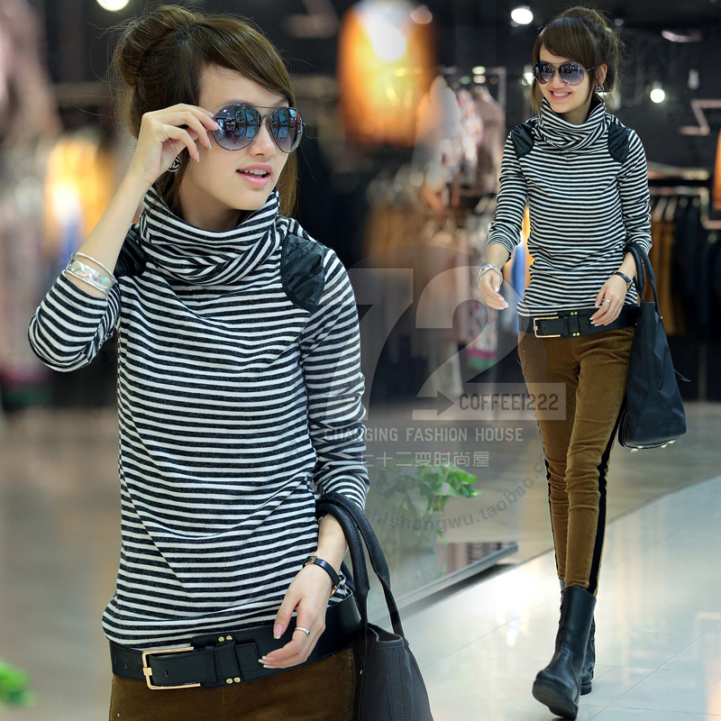 条纹堆堆领打底衫...