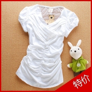  批发  夏装新款女装 韩版蕾丝拼接褶皱修身短袖T恤QS2396