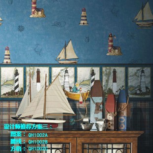 欧式海洋帆船环保蓝色，儿童房壁纸男孩，现代简约无纺布卡通墙纸卧室