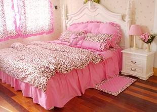 公主床上用品清新田园粉色系，公主床品全棉，三四件套粉红+豹纹