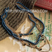 欧美复古饰品 气质宝石蓝珍珠链条混搭中长款项链毛衣链颈链女