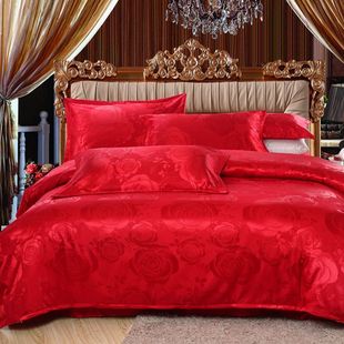 促床上用品婚庆四件套大红色多件套贡缎提花绣花蕾丝六件套被套新