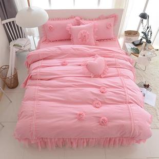全棉韩版纯色立体花朵床裙四件套公主花边床上用品纯棉蕾丝4件套