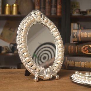 欧式单面镜银色西洋梳妆镜子，台式珍珠化妆椭圆镜面创意情人节礼物