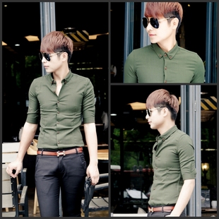 男士修身型夏季军(夏季军)绿潮男中袖，衬衫七分袖韩版男式衬衫休闲衬衣