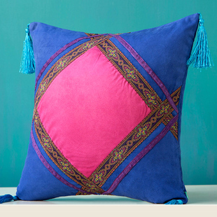 夕子色彩布艺作品集宝蓝玫红麂皮绒菱形款东南亚简约抱枕沙发靠垫