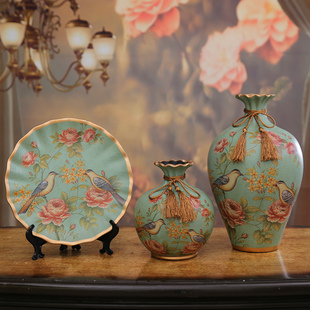 摆件家居饰品创意陶瓷花瓶，三件套欧式客厅酒柜，电视柜装饰摆设美式