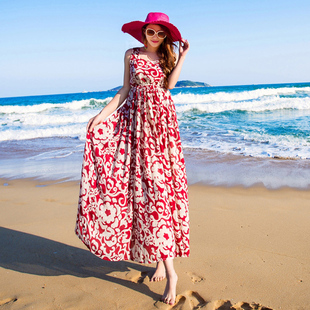 连衣裙优雅夏季雪纺显瘦波西米亚海边度假红色三亚长裙沙滩裙
