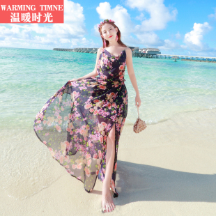 沙滩裙波西米亚吊带长裙海边度假旅行雪纺碎花性感露背连衣裙
