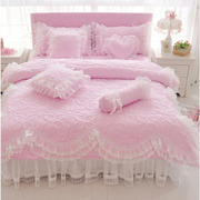 韩版简约欧式莫代尔，四件套全棉纯棉韩式床罩式，粉色蕾丝床上用品