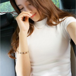 夏季修身女短袖t恤韩版小高领，莱卡棉紧身纯色半袖打底衫上衣