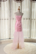 洛森d023粉红色纱裙晚礼服鱼尾，新娘结婚敬酒服伴娘外贸原单后绑带