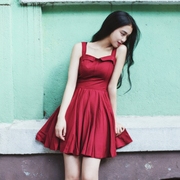 日系森女文艺性感露背吊带连衣裙雪纺一字领露肩无袖短裙小红裙子