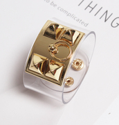 透明手镯金色方形铆钉金属环，大牌超宽夸张摇滚树脂塑料
