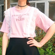 2018年新春夏女字母个性花边蕾丝圆领宽松学生显瘦短袖上衣t恤