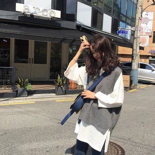 韩国学院风v领无袖毛衣，前短后长宽松文艺套头，针织马甲女百搭背心
