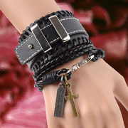 朋克男式手链时尚韩版潮饰品，个性手环铆钉皮质，多层宽手绳酷女复古