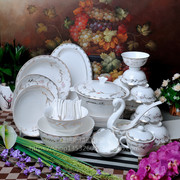 60头美好生活家用碗碟套装，中式唐山骨瓷，餐具套装碗盘陶瓷结婚