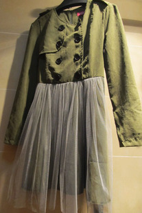 欧洲站韩国帅气军绿丝滑质感，蕾丝裙摆拼接风衣式薄款连身裙
