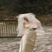 头纱新娘简约大气网红拍照道具头饰超仙森系主婚纱白色蓬蓬气质