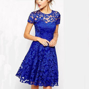 0683欧美气质时尚圆领短袖蓝色蕾丝花边连衣裙 