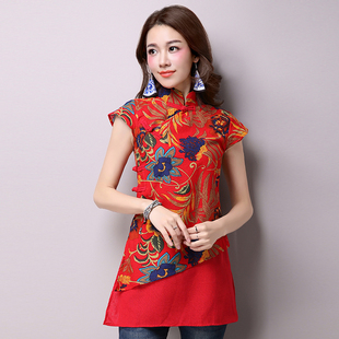 中国风复古汉服夏季女装气质，修身立领唐装，短袖棉麻印花衬衣