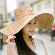 大沿草帽遮阳帽女士夏天防晒帽子出游度假海边沙滩帽可折叠太阳帽