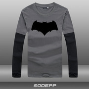 拼接长袖蝙蝠侠大战超人反光BVS标志A款全棉撞色长袖T恤圆领