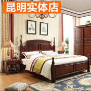 全实木床美式乡村1.8米双人橡木1.5现代简约主卧室简美酒红色婚床