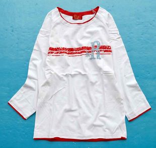 外贸原单莱卡棉女中袖七分袖圆领，修身款t恤植绒印花双领撞色女款